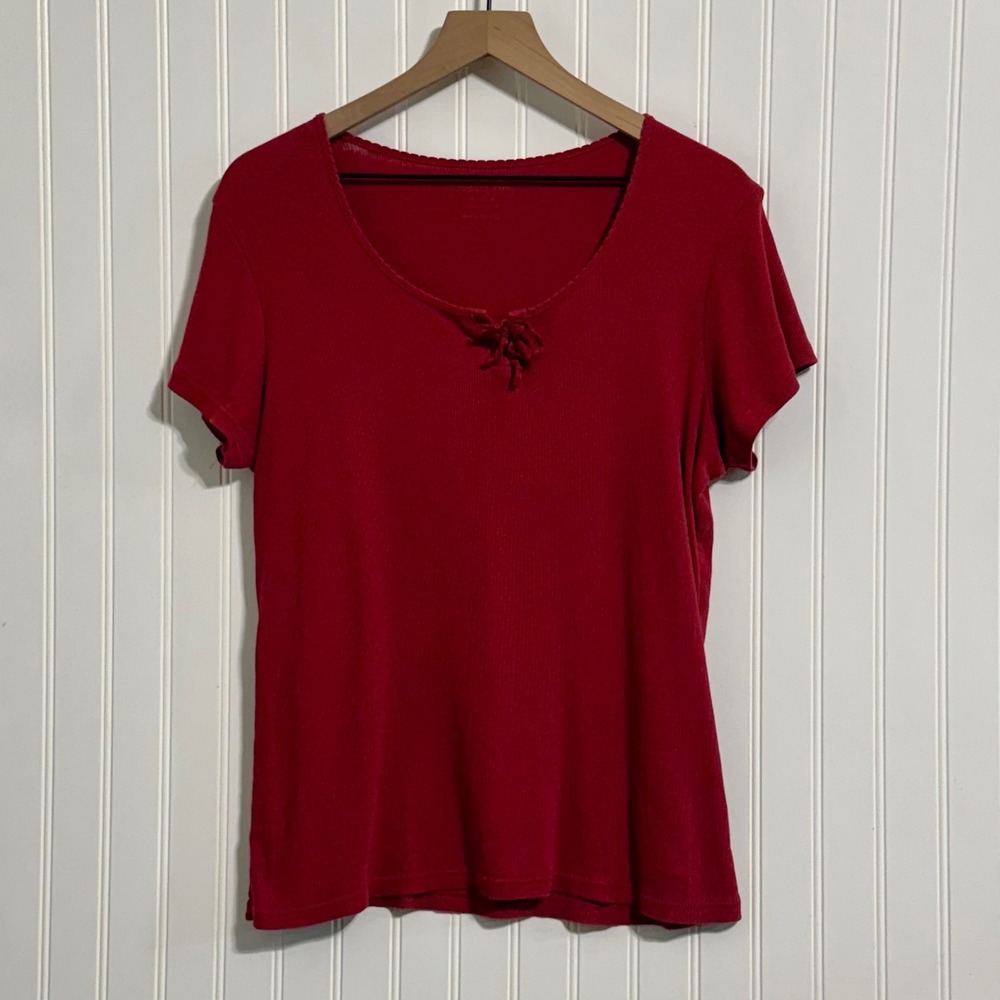 Faded‎ Glory Women's XL Red Ribbed Tee Shirt Short Sleeve Tie Front Cotton 16/18
